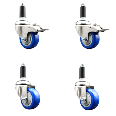 Service Caster 3 Inch 316SS Blue Poly Swivel 1 Inch Expanding Stem Caster Lock Brake, 2PK SS316TTLEX20S314-PPUB-BLUE-2-S-2-1
